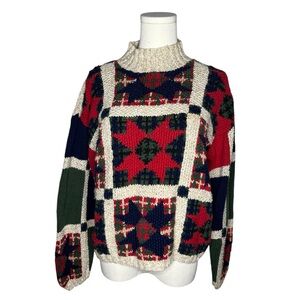 Vintage Robert Scott Red Blue Star Patchwork Hand Knit Mockneck Sweater
